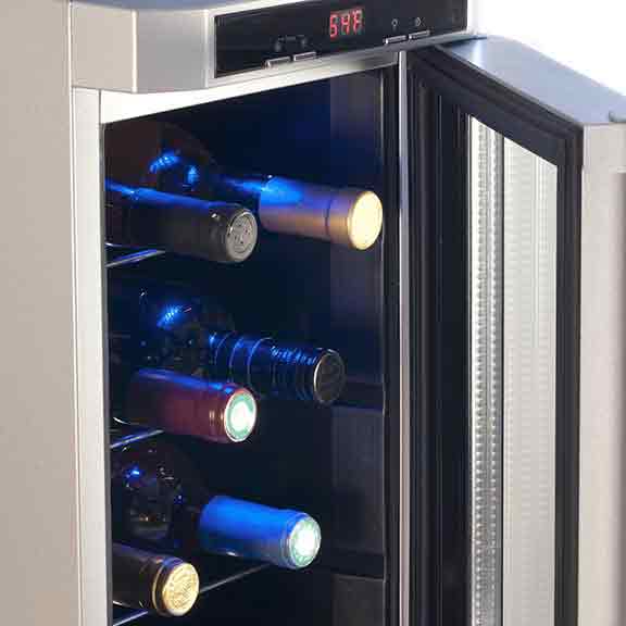 wine fridge open with bottles square
