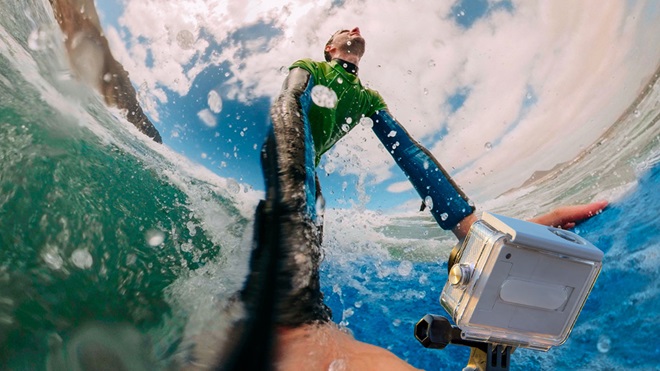 HD action camera mounted on surfboard