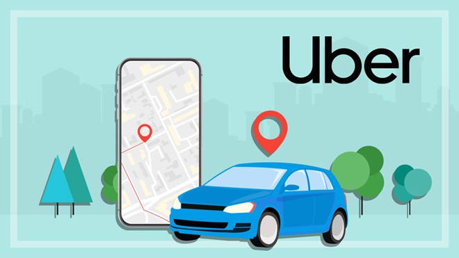 illustration of car and smartphone with car tracking app and uber logo