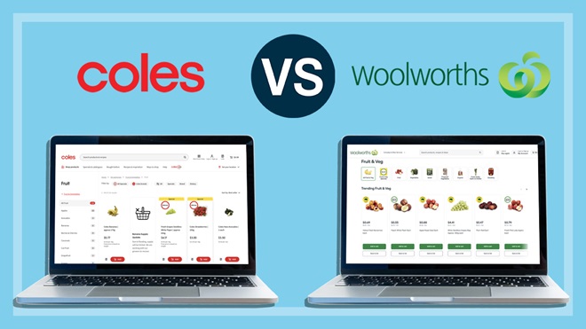 coles and woolworths logos with their online fruit and vegetable web pages