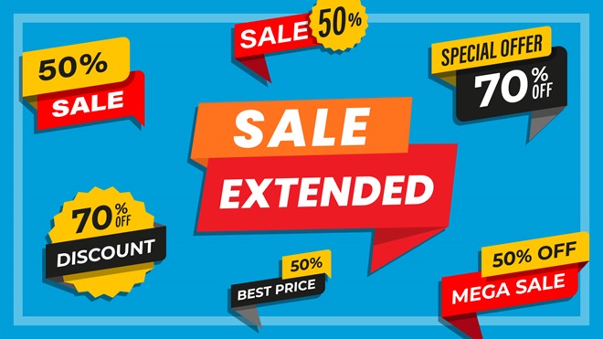 illustrated discount signs and a large sale extended sign