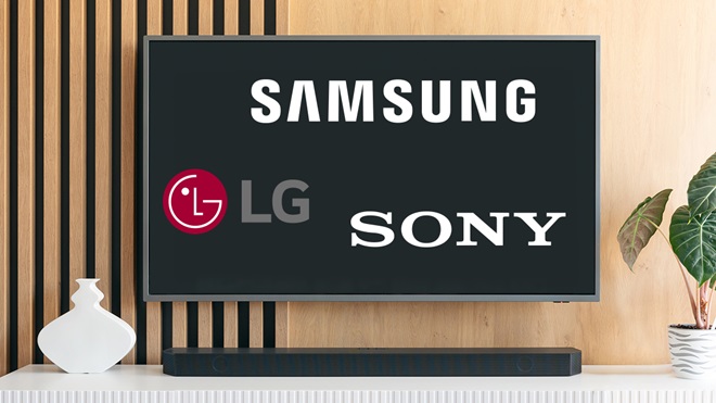 samsung lg and sony logos on tv above a soundbar