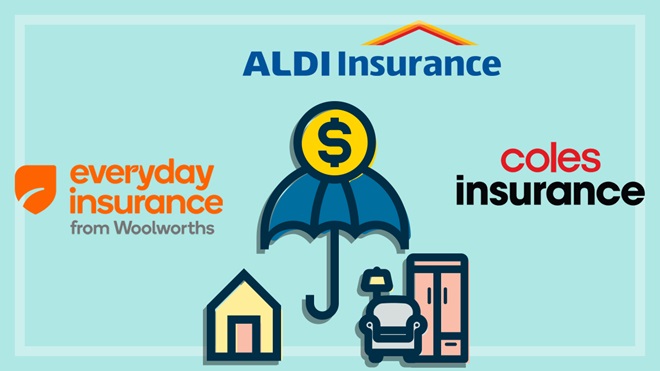 illustration of house and contents protected by umbrella and coles aldi woolies insurance logos