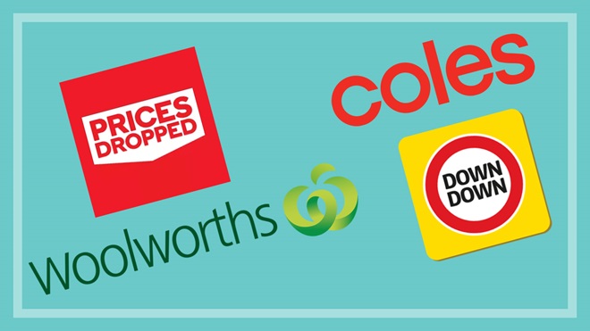 coles and woolworhts logos with prices dropped and down dwn graphics