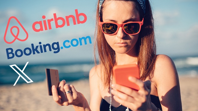 woman traveller with airbnb booking.com and x logos