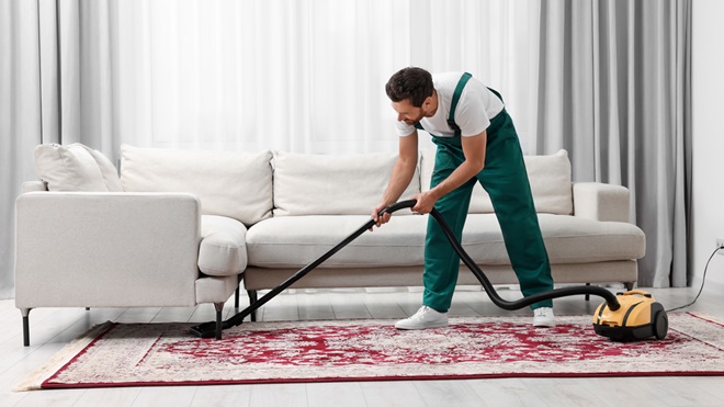using vacuum to clean rug
