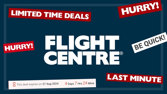 flight centre logo surrounded by deals advertising and countdown