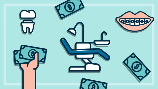 illustration of dentist chair surrounded by money and dental procedures