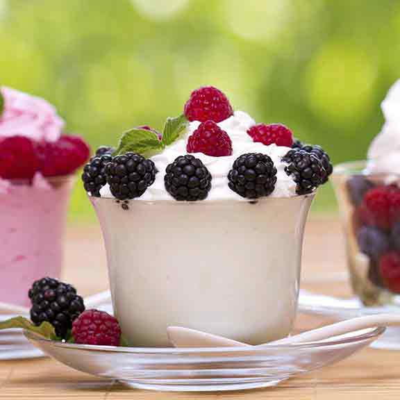 yoghurt and ice cream dessert cups with fruit square
