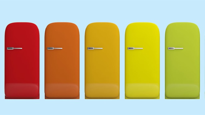 row of new coloured fridges