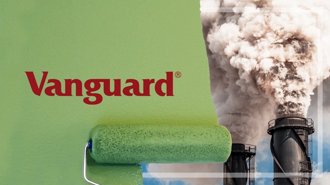 vanguard logo and green paint roller painting over pollution background