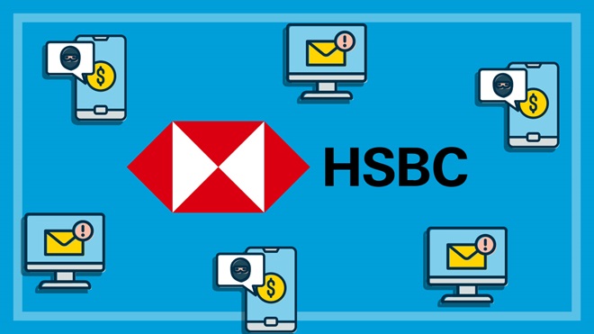 hsbc logo surrounded by computer email and phone scam illustrations