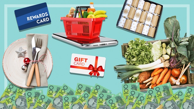 rewards and git card plate grocery app crackers vegetables money