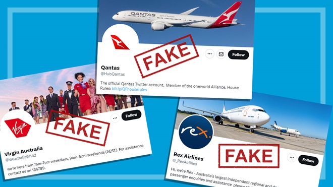 qantas virgin and rex airlines account screens with fake stamps