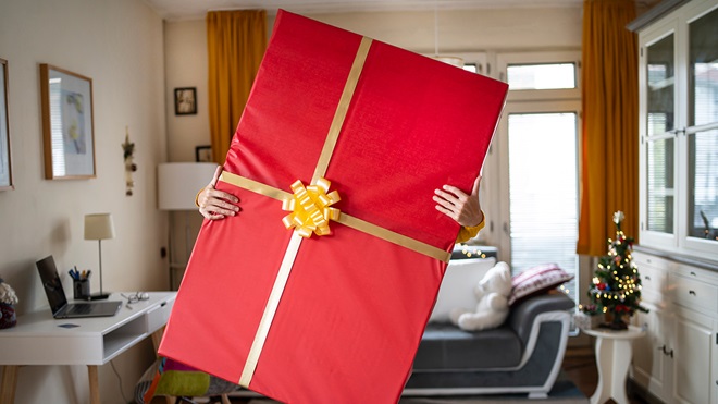 person holding a large christmas present in their living room