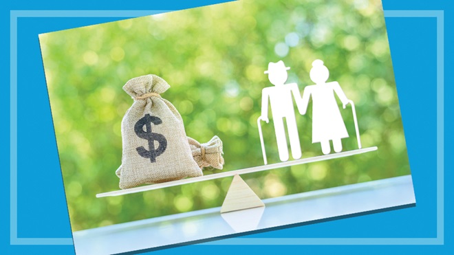 bag of money outweighing elderly couple silhouette on scales