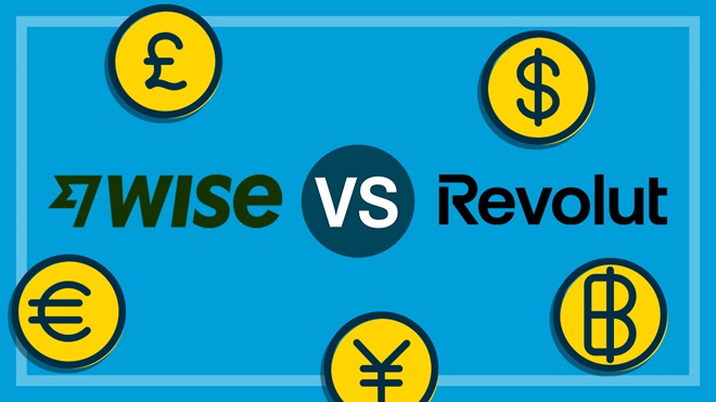 wise and revolut logos surrounded by symbols of different currencies