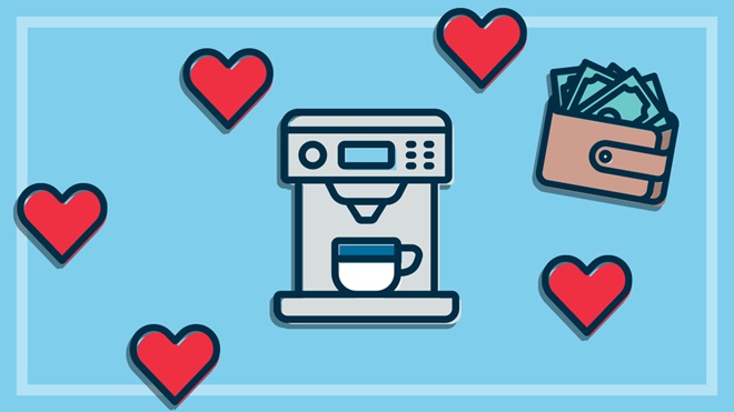 illustration of coffee machine surrounded by hearts and a wallet full of money