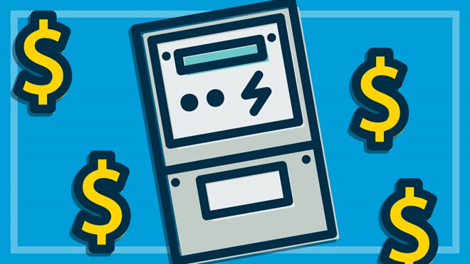 illustration of smart meter surrounded by dollar symbols