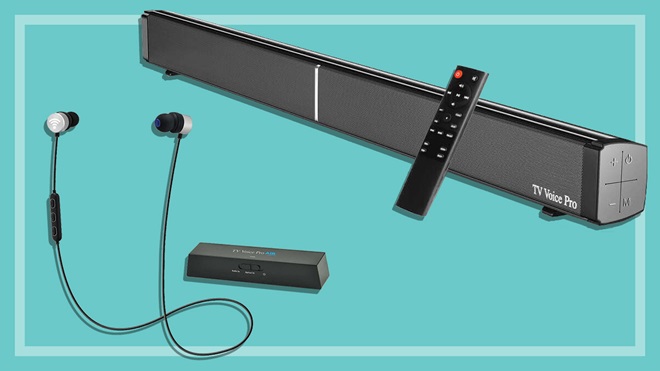 TV Voice Pro soundbar and Air earphones on a teal background