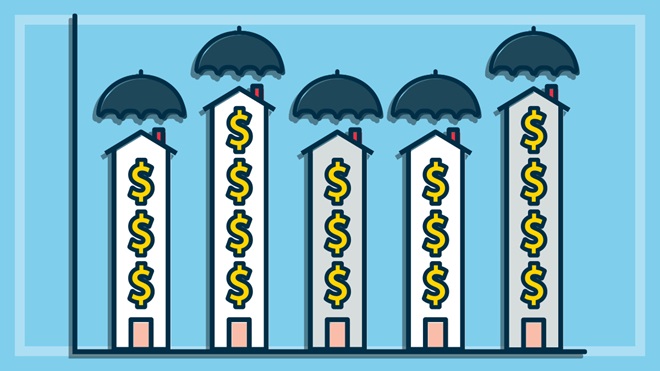 illustration of homes as graph bars with dollar symbols on them